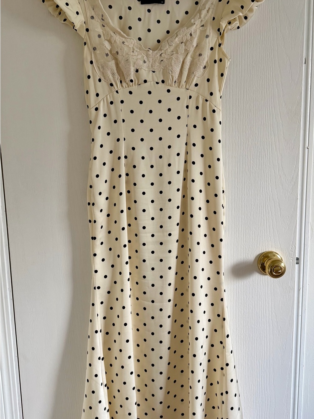Cream Polka Dot Maxi Dress with Lace Trim